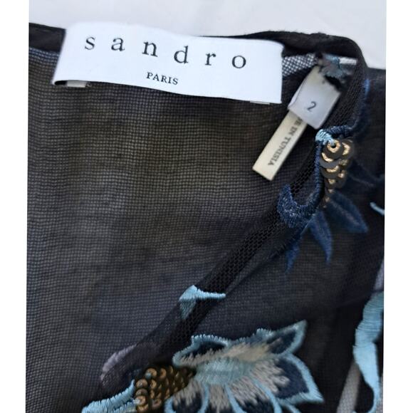 Sandro Floral Embroidered Midi Dress Black Cocktail Party Plunge V-neck Beaded - Picture 10 of 16